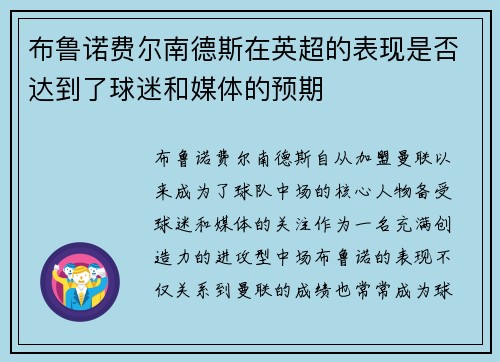 布鲁诺费尔南德斯在英超的表现是否达到了球迷和媒体的预期 布鲁诺费尔南德斯在英超的表现是否达到了球迷和媒体的预期