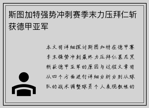 斯图加特强势冲刺赛季末力压拜仁斩获德甲亚军